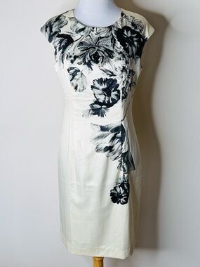 Gyalwanna Ivory Satin Black Floral Print Midi Dress